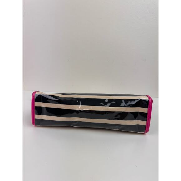 KATE SPADE Black White Stripe Pink Patent Leather Trim Zip Cosmetic Bag - Picture 4 of 6